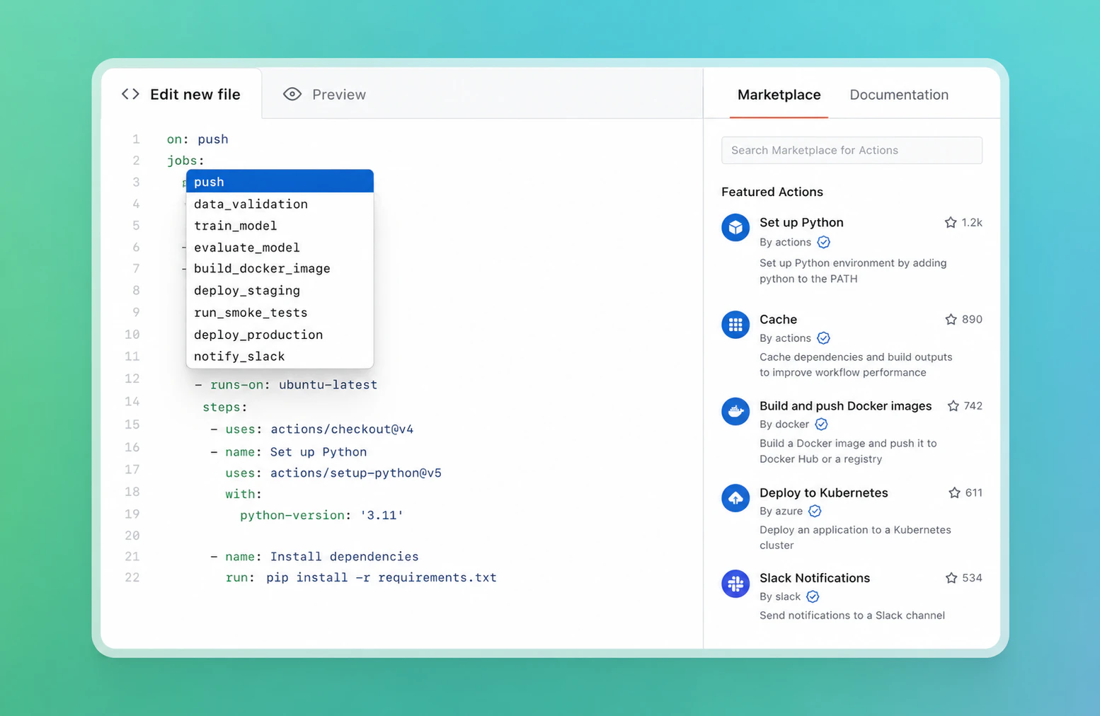 The GitHub Actions workflow editor showing a YAML file with ML pipeline jobs like data_validation, train_model, and build_docker_image, next to the Marketplace panel of featured reusable actions such as Set up Python, Cache, and Build and push Docker images