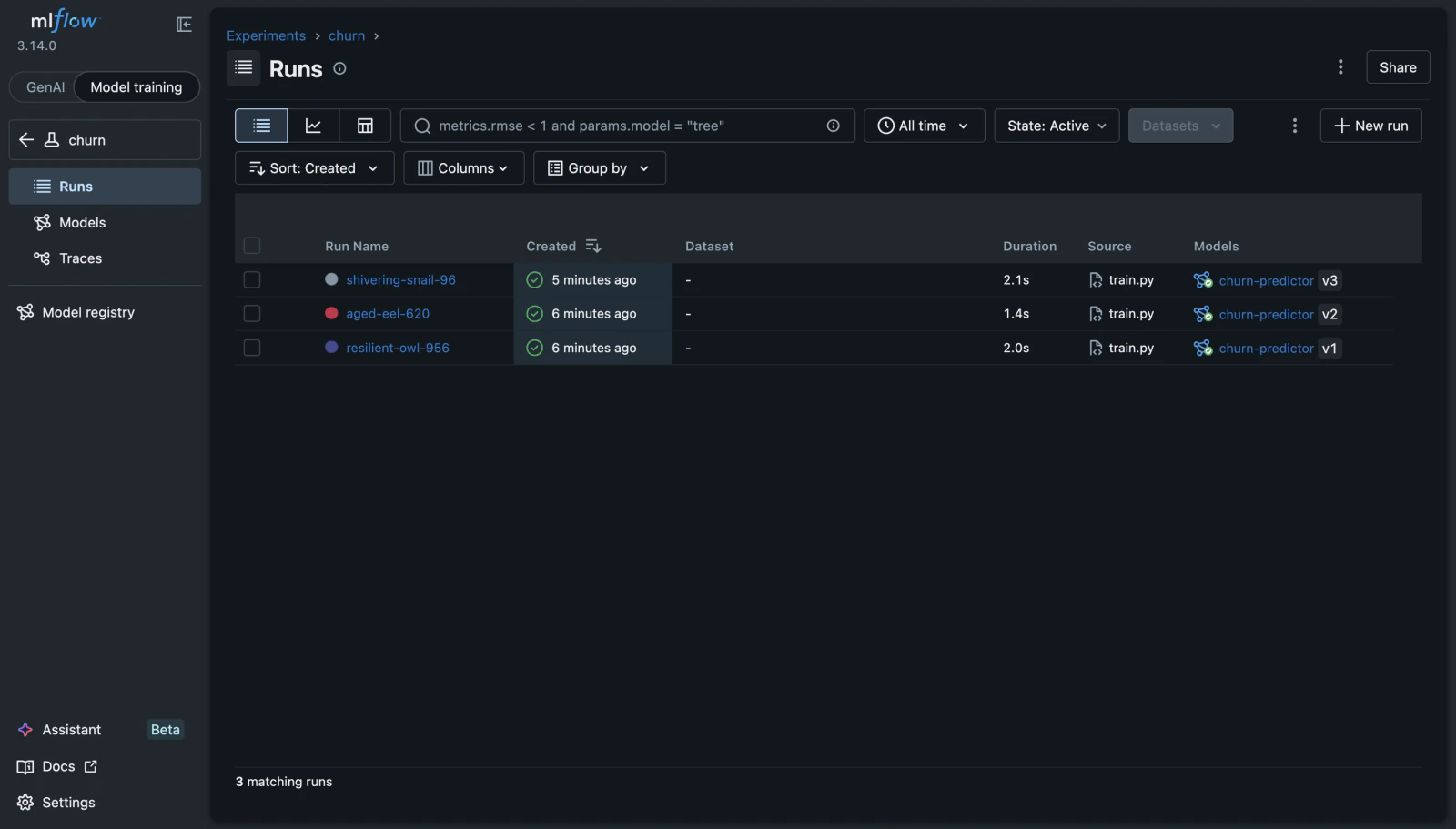 The MLflow web UI showing a list of tracked runs for the churn experiment, each row with a run name, creation time, duration, source script, and registered model version