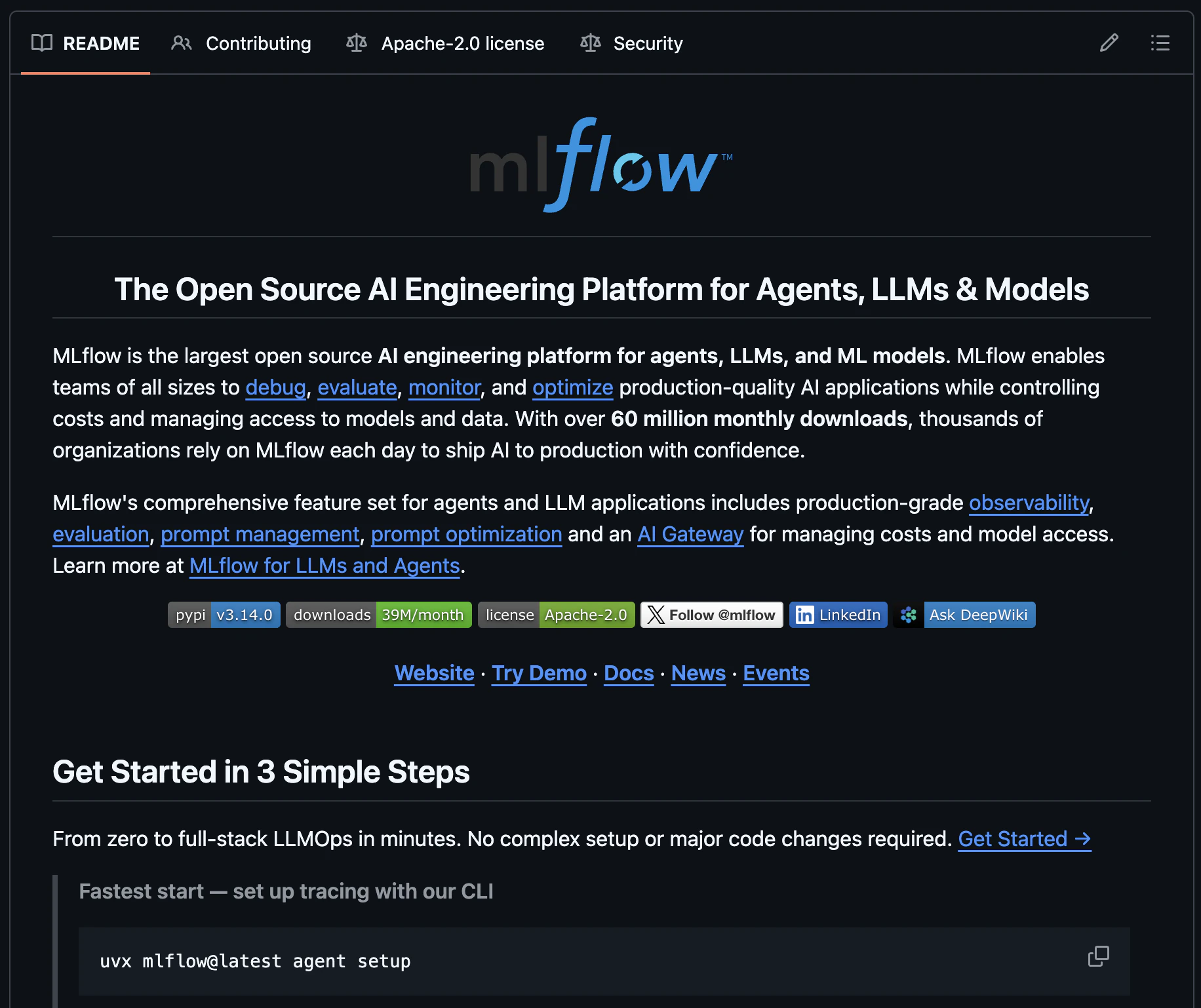 The MLflow project README on GitHub, describing it as an open-source platform for tracking, evaluating, and managing ML models, with over 60 million monthly downloads