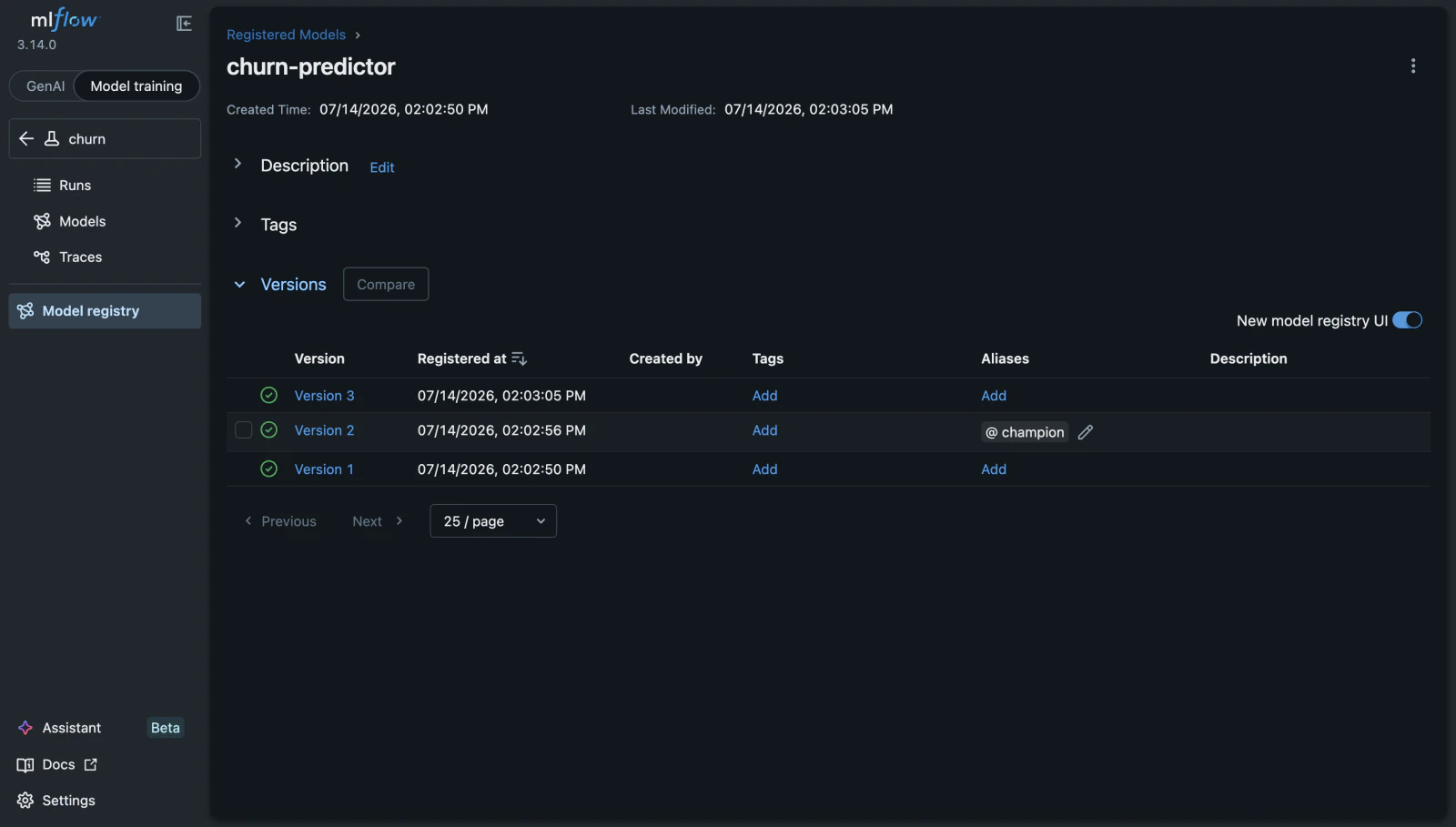 The MLflow model registry showing the churn-predictor model with three versions, version 2 tagged with the champion alias