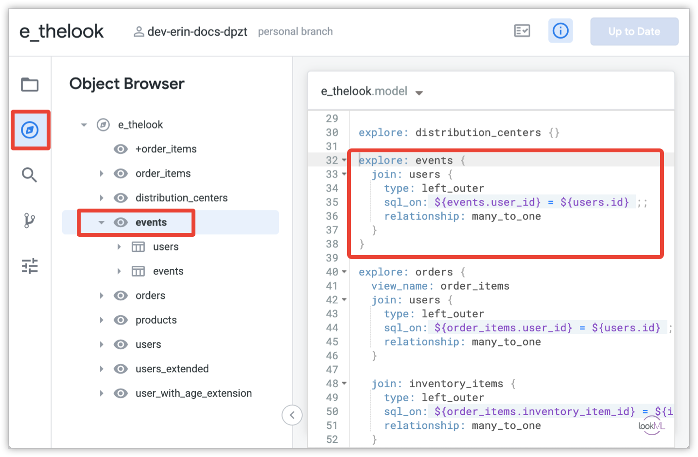 LookML code editor showing definitions of dimensions, measures, and joins.